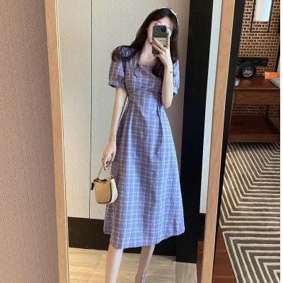 China Cheap Summer Women's Solid Color Dress Ladies Slim Casual Wear Shorts Plaid Vintage Long Sleeve for sale