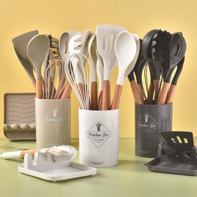 China Sustainable High Quality 12 Pcs Kitchen Tool Kit Wood Handle Silicone Cooking Utensil Set for sale