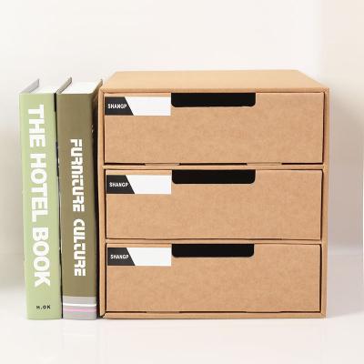 China New Style 3 Tiers Multifunctional Drawer Kraft Paper Storage Box Brown Magazine Eco-friendly Desktop Paper Holder for sale