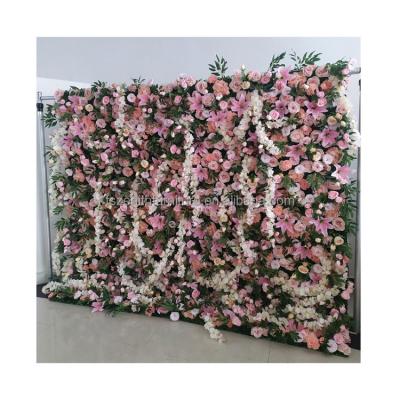 China decoration silk flower real wedding roll up artificial flower wall panel backdrop pink floral flowers decorating for sale