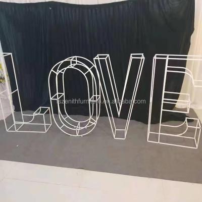 China Beauty Wedding Supplies Backdrop Decoration Mosaic Metal Number Balloon Frame White Flowers Scallop Letters for sale