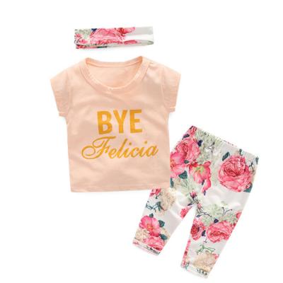 China Breathe Free Wholesale Babies Clothes Sets Summer Kids Dressing Up Costume Headband Floral Print Three-Piece Set for sale