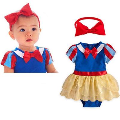 China 2019 Breathable Eco-friendly Popular Kids Clothes Snow White Girls Romper With Short Sleeves Baby Dress+Bowknot Headband for sale