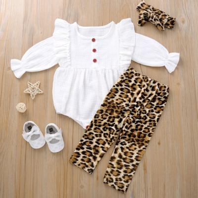 China New Anti-wrinkle Cotton Long Sleeve Baby Rompers Leopard Print Pants Girls Headband 3-Piece Clothes Set for sale