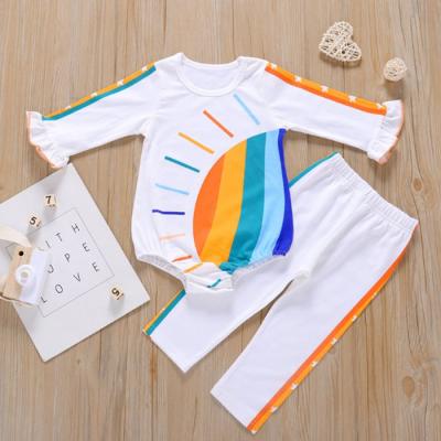 China Autumn New Rainbow Cartoon Print Trumpet Sleeve Baby Rompers Breathable Overalls Kids Girls Clothes Set for sale