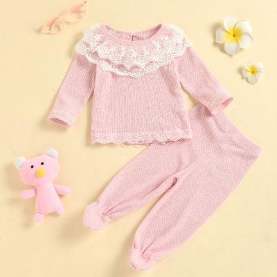 China 2020 Anti-wrinkle Autumn New Pink Long-Sleeved Cute Lace Baby Clothes Set Two Piece for sale