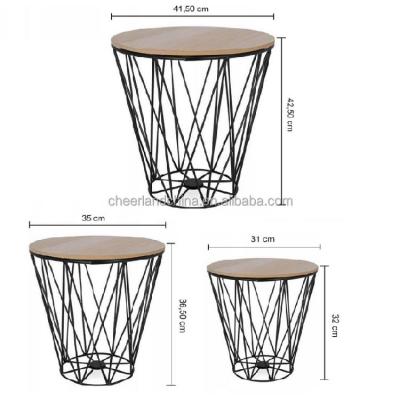 China Hot Selling Traditional Set Of 2 Side Tables Metal Basket Coffee Table Wood Top Round Coffee Table For Living Room for sale