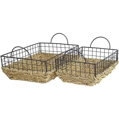 China Handmade Set of 2 Metal Wire Storage Basket Rectangular Metal Organizer Holder with Vegetable Plankton Basket for sale