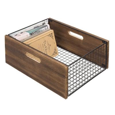 China Large Space Metal Mesh Handmade Storage Basket Wooden Countertop Organizer Box for sale