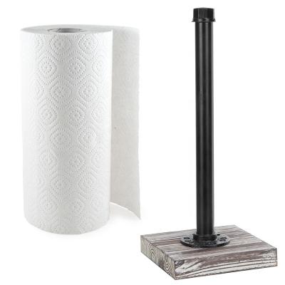 China Sustainable Industrial Pipe Design Paper Towel Roll Dispenser With Torched Wood Base for sale