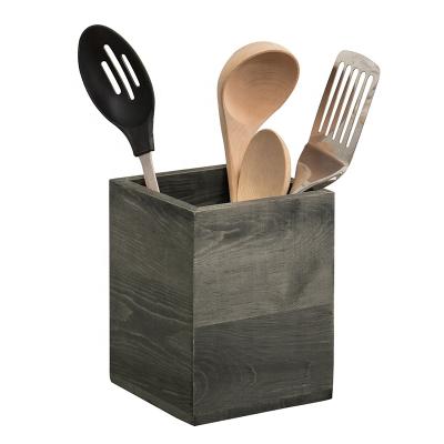 China Rustic Wooden Viable Gray Wood Kitchen Utensil Crock Flatware Storage Box for sale