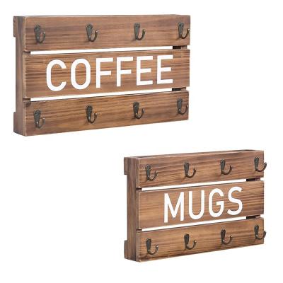 China Sustainable Set of 2 Brown Color Burnt Wooden Wall Mounted Coffee Mugs Racks Wood Cup Holder With 8-Hook for sale