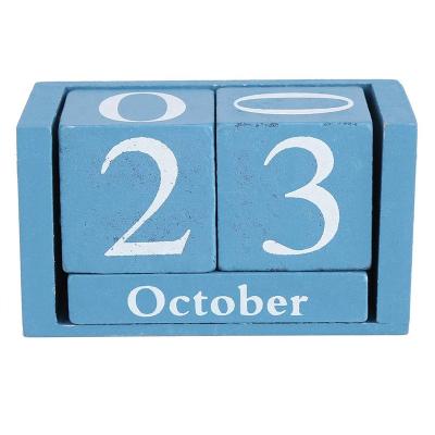 China Handmade Wooden Block Wooden Block Month Date Blue Desktop Display Decoration Vintage Wooden Desk Calendar for sale