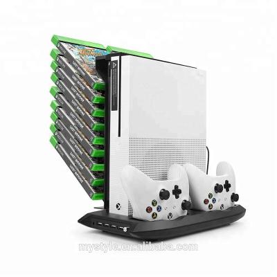 China 4 in 1 Vertical Stand Fan for Xbox One Slim Console Charging Station with 18 Pcs Game Cutouts Storage Kit for Xbox One XS-006 for sale