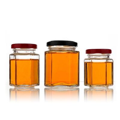 China Square Glass Hexagon Honey Jam Chili Sauce Pickles Food Storage Freshness Preservation Jar 50ml 80ml 100ml 150ml 200ml 380ml 500ml 730ml for sale