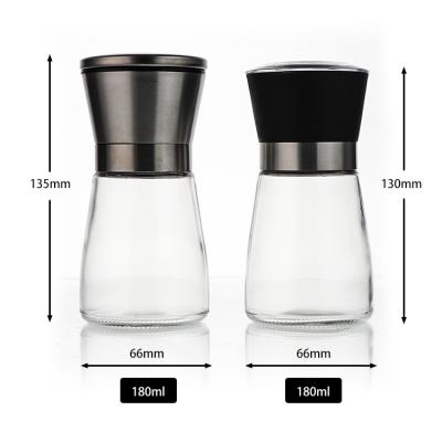 China Viable Wholesale Manual 180ml 250ml Spice Packaging Bottles Glass Grinder With Salt And Pepper Seasoning Shaker Spice Mill for sale