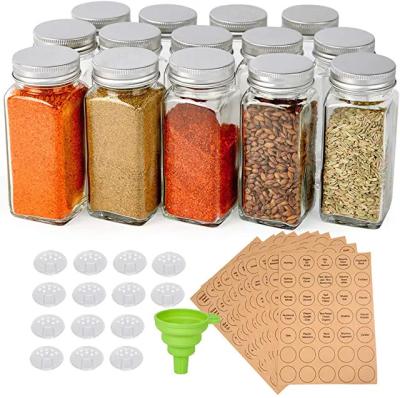 China Custom Stocked Printed Brands 4oz Glass Spice Jars Square Glass Bottles Spice Containers With Lids And Sliver Metal Shaker Caps for sale