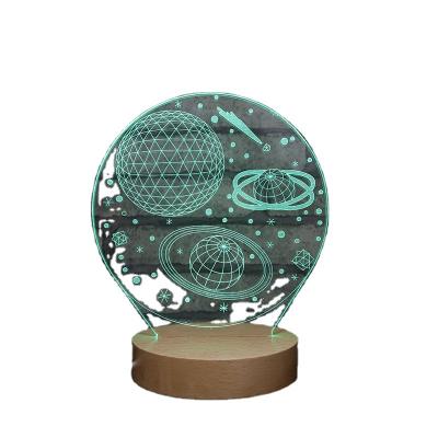 China Modern Wooden Wooden Base Galaxy Planet Use Decoration Material 3D Acrylic Illusion Led Night Light 3D Optical Lamp for sale