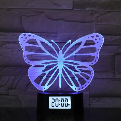 China Eco-friendly Home Decor Toy/Gift/Decoration Butterfly LED Illusion Lamp 3D Night Light New Design With Alarm Clock for sale