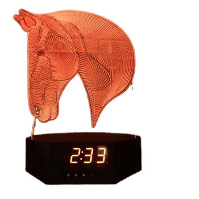 China Modern Horse Head 3D Animal Shape Led Clock Alarm Lamp 3D Illusion Plastic Base 7 Color Light Christmas Day Birthday Gift for sale