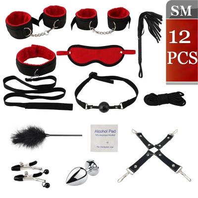 China Whip Restraint Couple Game Play Leather Bondage Set 12pcs Pu SM Bondage Kit PU SM Bondage Kit Handcuff Ankle Cuff Eye Mask Collar Leather Set for sale