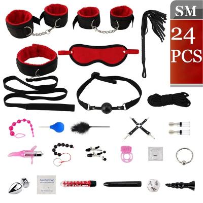 China 24pcs PU Sex Handcuffs Shiny Nipple Clamps Rope BDSM Bondage Kits Feather Whip Collar Sexy Gag For Couples for sale