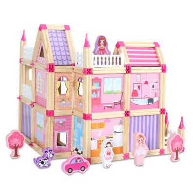 China Toy Wooden's educational building main building block children's early education to put together a house model to assemble the colorful house toys for sale