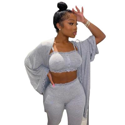 China Solid Color Lace Pants QUICK DRY Casual Pajamas 3 Pieces Sleepwear Set for sale