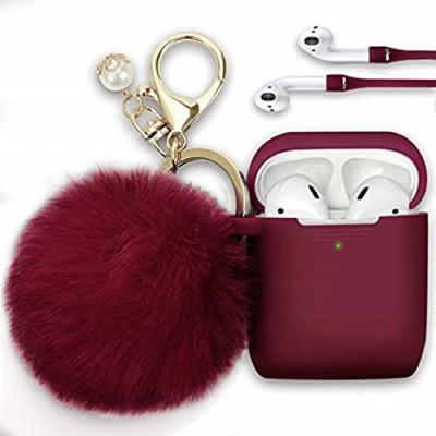 China Luxury Silicone Cases For Airpods 1 Earphone 2 3 Shockproof Sleeve Luxury Protective Cover Case With Pom Pom Fur Ball Keychain Strap for sale