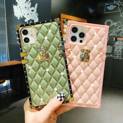 China Gold Bling Diamond Square Phone Cases For iPhone 13 Pro 12 11 Xs 7 8 Plus Max Lattice Luxury TPU Leather Anti-fall Soft Back Cover for sale