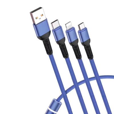 China Multi Functional Mobile Phone Phone Charger USB Cable Nylon Braided 3 in1 Data Transfer USB Cable for sale