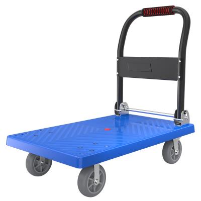 China Industrial heavy duty 100/200/400/500kg pp platform cart plastic trolley with 5 inch TPR rubber quiet wheels for sale