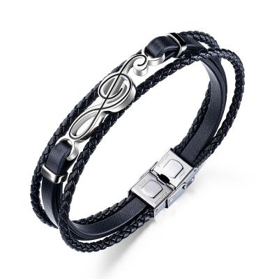 China CLASSIC Fashion Silver Color Bracelets Stainless Steel Charm Musical Note Bracelet Men Leather Bracelets for sale