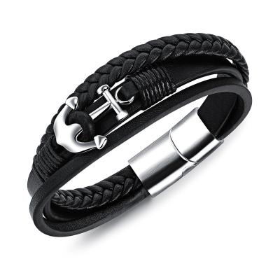 China 2022 New Simple Handmade Leather Punk Men Stainless Steel Anchor Bracelet For Boys for sale