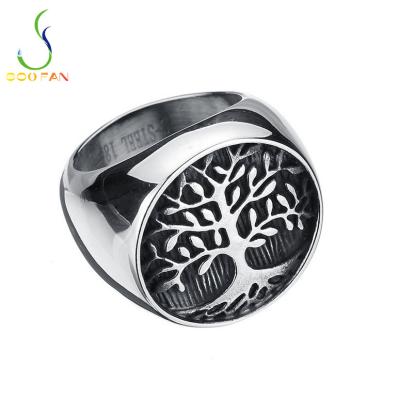 China Fashion Tree Embossment Environmental Friendly Rhodium Plated Stainless Steel Rings For Men Jewelry for sale