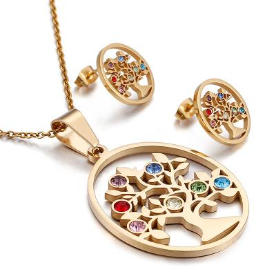 China Wholesale Rainbow Tree of Life 18k Gold Stainless Steel Jewelry Set High Quality Necklace and Earring Set Jewelry For Women for sale