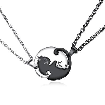 China High Quality Fashion Cats Charm Black Gold Plated 2pcs Per Set Couples Stainless Steel Necklace Set for sale