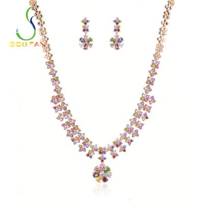 China Colorful CZ Crystal Gemstone Rose Gold Plated Flower Alloy Necklace Earring Jewelry Environmentally Friendly Bestselling Set For Woman for sale