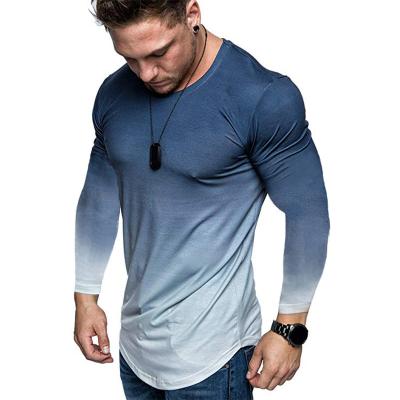 China Custom Anti-Wrinkle Long Sleeve Curved Edge Muscle Gym Fitted Sportswear Gradient Performance Aplet Slim Quick Dry Fit T-Shirt for sale