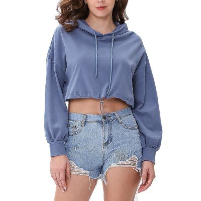 China Custom High Quality Gym Fitness Anti-Wrinkle 100% Cotton Long Sleeve Edge And Hood Drawstrings Women Hoodie Crop Top for sale