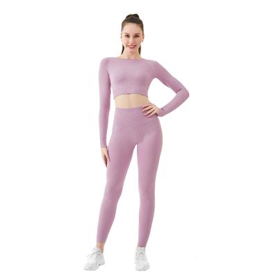 China Breathable Custom Women Plus Size Long Sleeve Seamless Ribbed Sports Suit Knitted 2 Piece Workout Fitness Yoga Athletic Set for sale