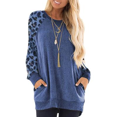 China Custom High Quality Casual Leopard Anti-Wrinkle Fashion Color Block Long Sleeve Crewneck Raglan Pockets Fashionable Sweatshirts Women for sale