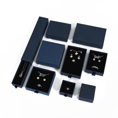 China Jewelry Packaging Logo Dark Blue Jewelry Boxes Custom Made With Foam Insert Trinket Box Drawer Jewelry Paper Boxes for sale