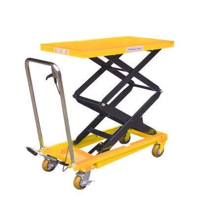 China Hot Selling Hotels 350kg 1.3M 1.5M Height Double Scissor Hydraulic Manual Lift Table Scissor Table Lift Trolley for sale