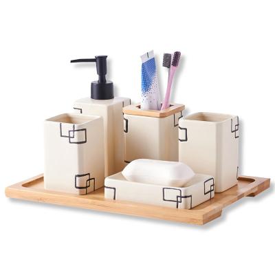 China Sustainable Set Five-Piece Matte Ceramic Bathroom Toothpaste Dispenser Toiletries Set for sale