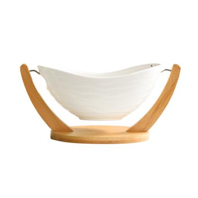 China Sustainable Ceramic Tray with Rack Home Restaurant Bamboo Fruit Basket Set Large Medium and Small Ingot Leisure Bowl for sale