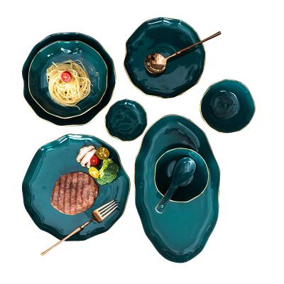 China Phnom Penh Emerald Steak Dish Salad Rice Noodle Disposable Ceramic Western Bowls And Spoons Tableware Set Home Simple for sale