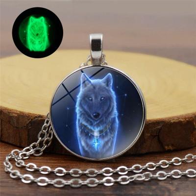 China TRENDY Glow in the Dark Wolf Pattern Glass Dome Alloy Necklace Pendant Necklace Women Men Dark Punk Charm Jewelry Gifts for sale