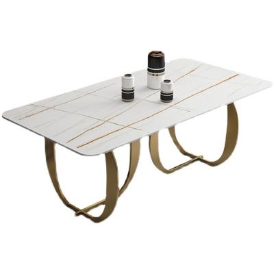 China New Italian Gold Stainless Steel Metal Extendable Rectangular Legs Marble 8 Seater Dining Table Head Set for sale