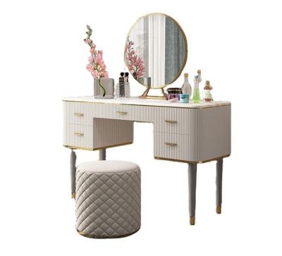 China Luxury Modern White Wood Storage Cupboard Dressing Table Lights With Mirror And Stool for sale